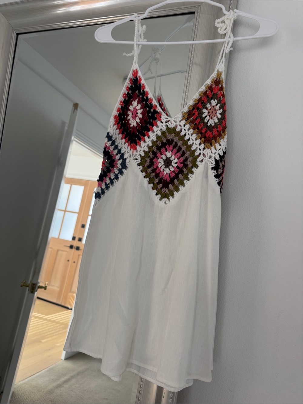 Aqua White Mini Dress with Multicolor Crochet Yoke